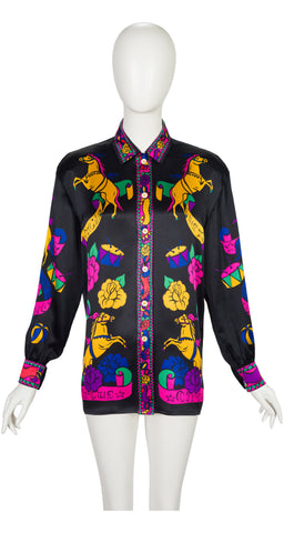 1992 F/W Circus Print Black Silk Button-Up Blouse