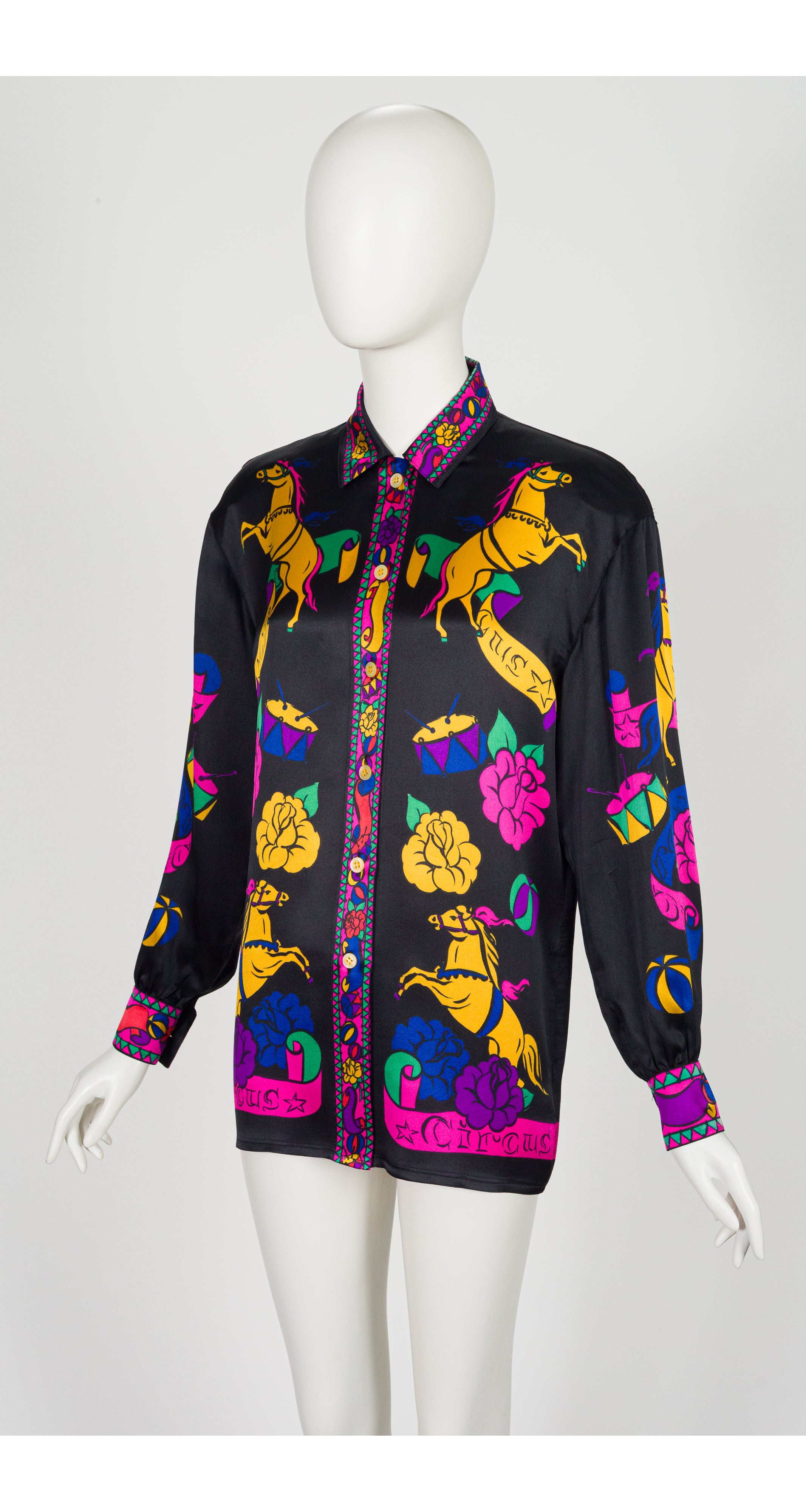 1992 F/W Circus Print Black Silk Button-Up Blouse