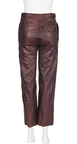 1980s Brown Leather Straight-Leg Buckle Pants