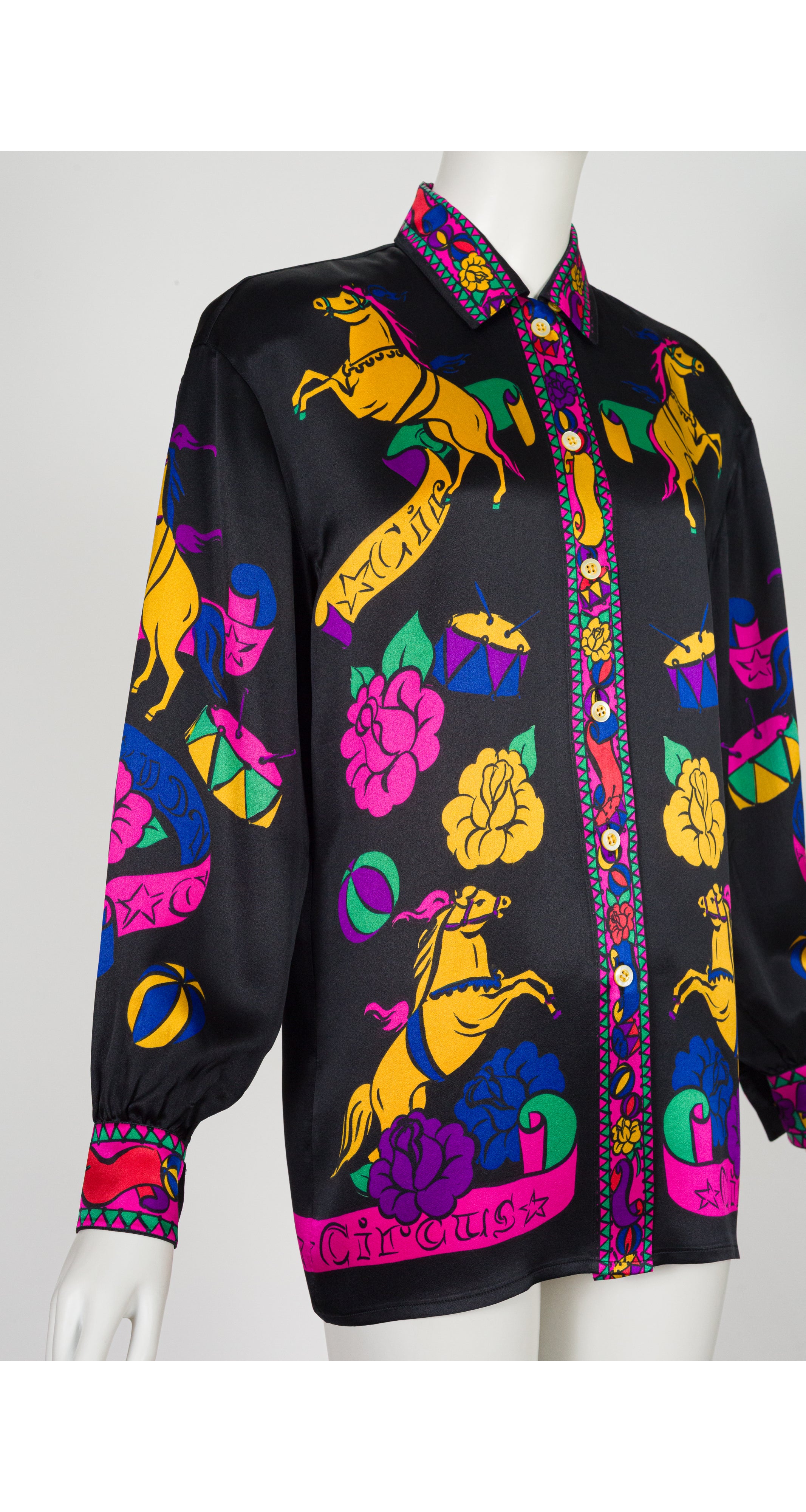 1992 F/W Circus Print Black Silk Button-Up Blouse