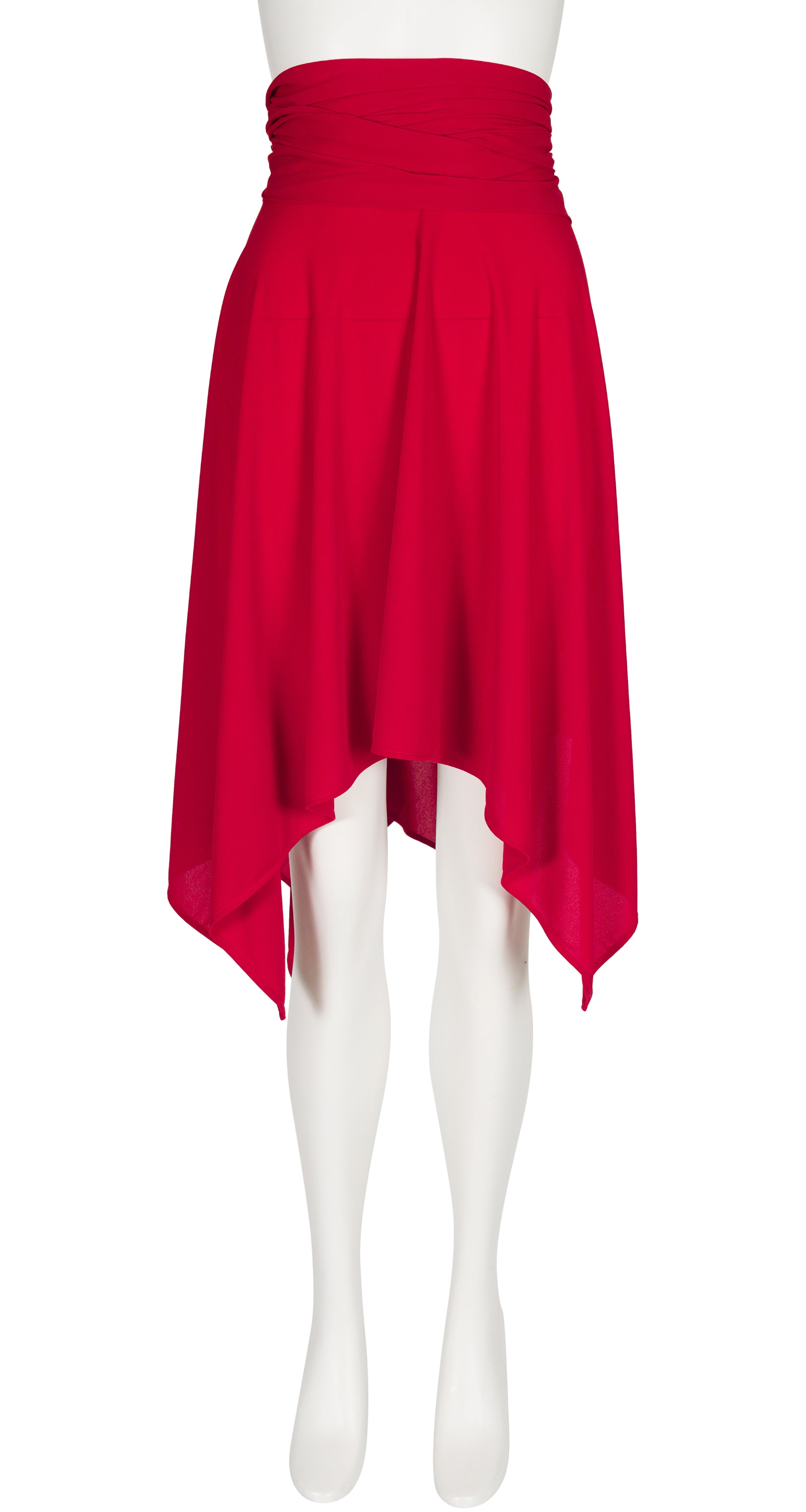 1990s Red Jersey Handkerchief Hem Convertible Dress