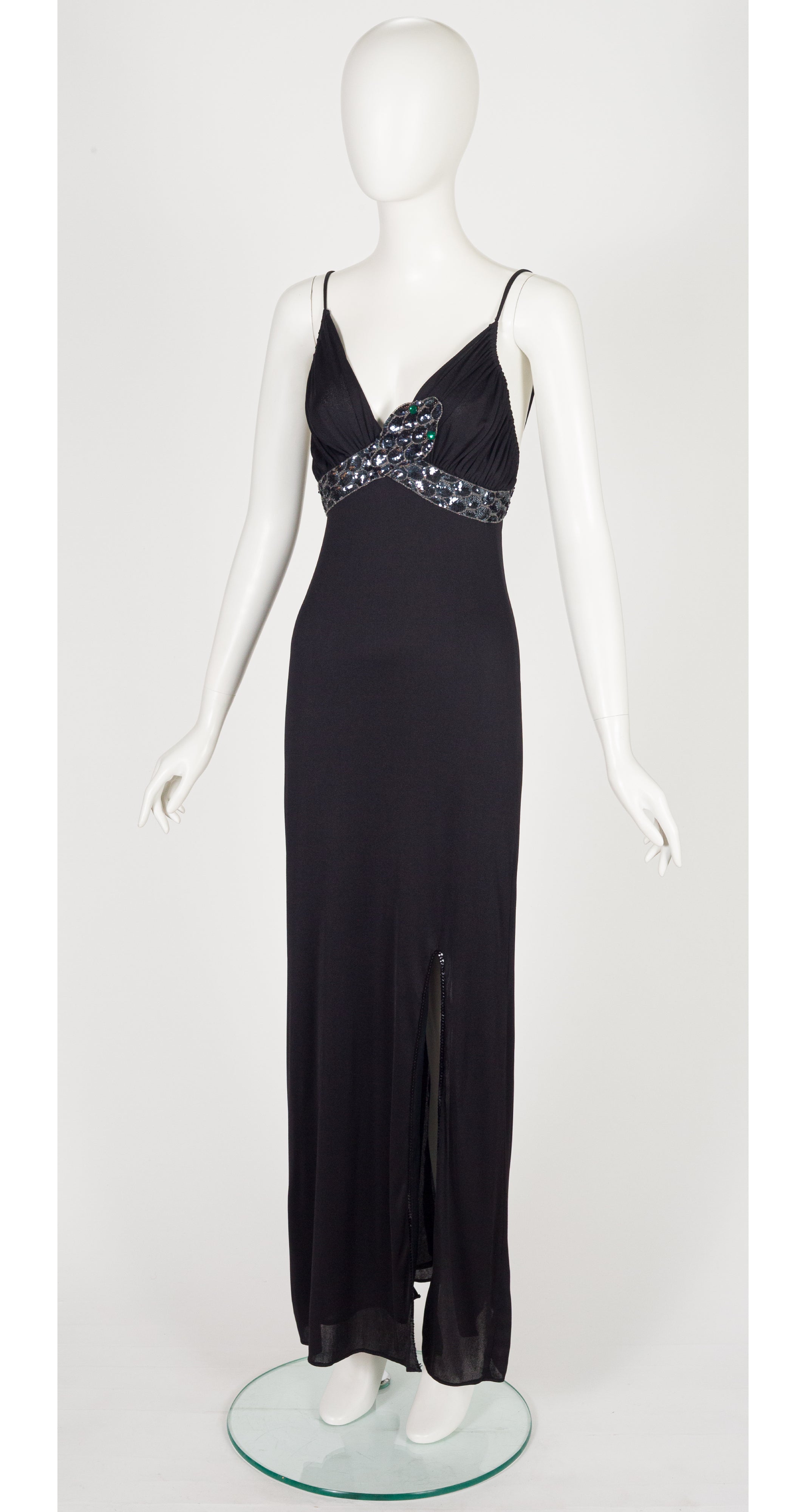 1970s Sequin Snake Black Jersey Evening Dress