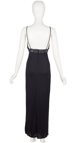 1970s Sequin Snake Black Jersey Evening Dress