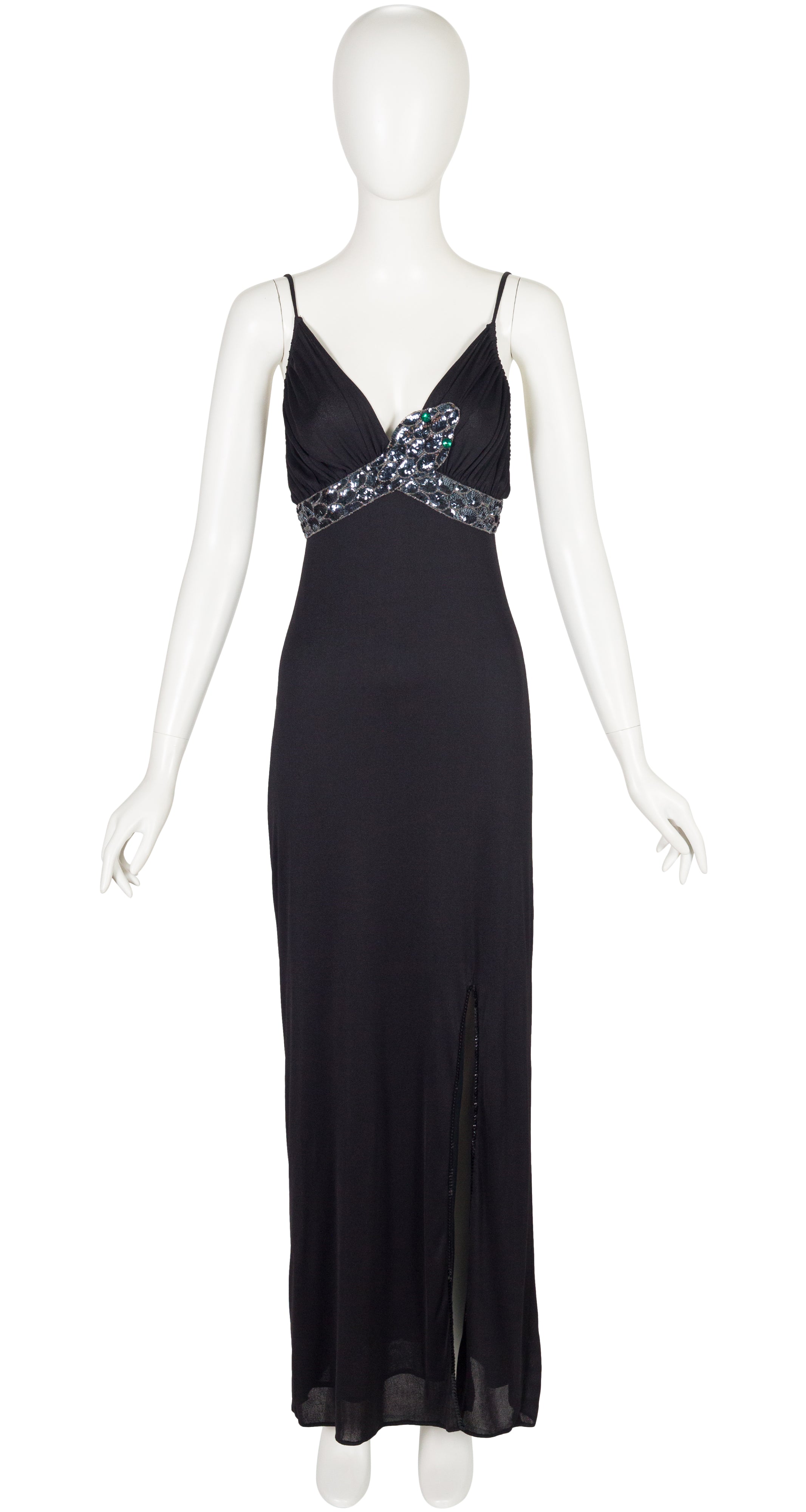 1970s Sequin Snake Black Jersey Evening Dress