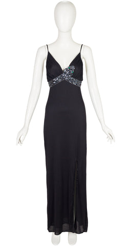 1970s Sequin Snake Black Jersey Evening Dress