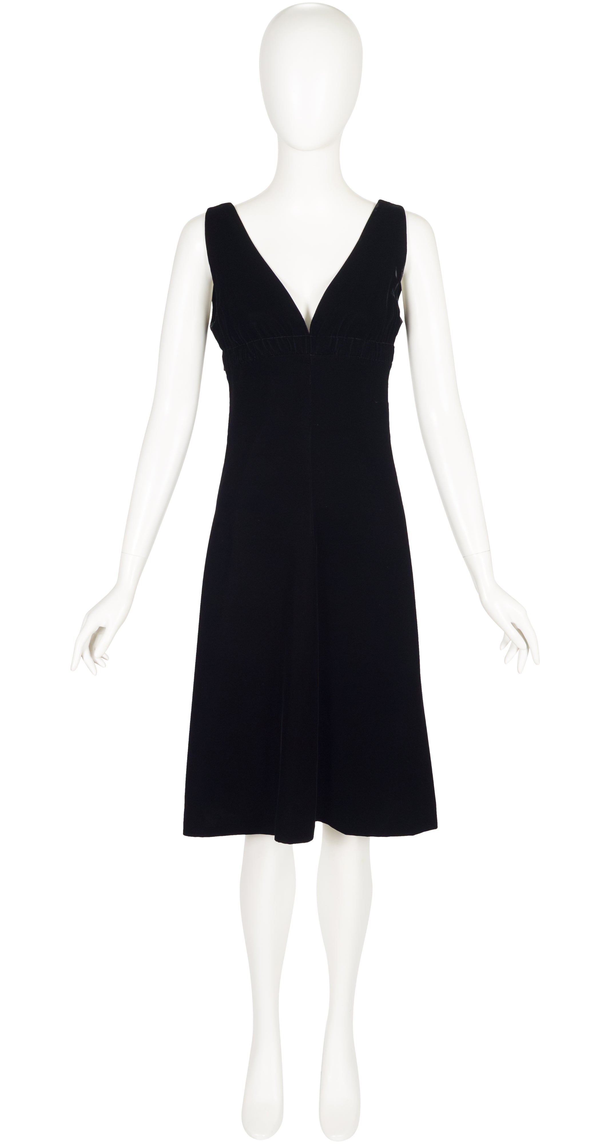 1970s Black Rayon Velvet V-Neck Evening Dress