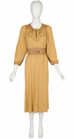 1970s Tan Suede & Python Trim Jersey Dress