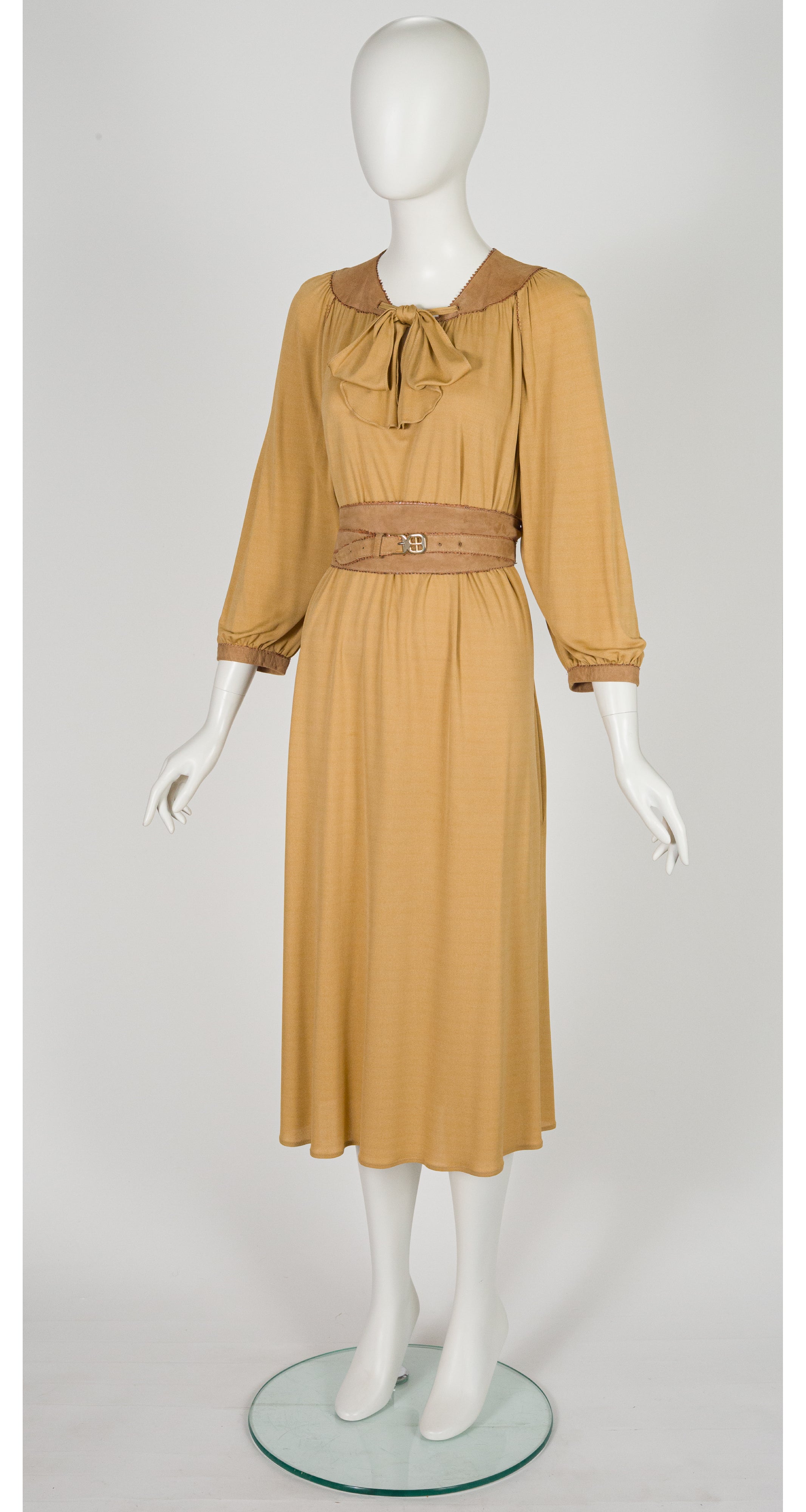 1970s Tan Suede & Python Trim Jersey Dress