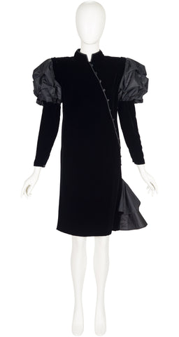 1980s Black Silk Velvet Juliet Sleeve Evening Dress