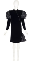 1980s Black Silk Velvet Juliet Sleeve Evening Dress