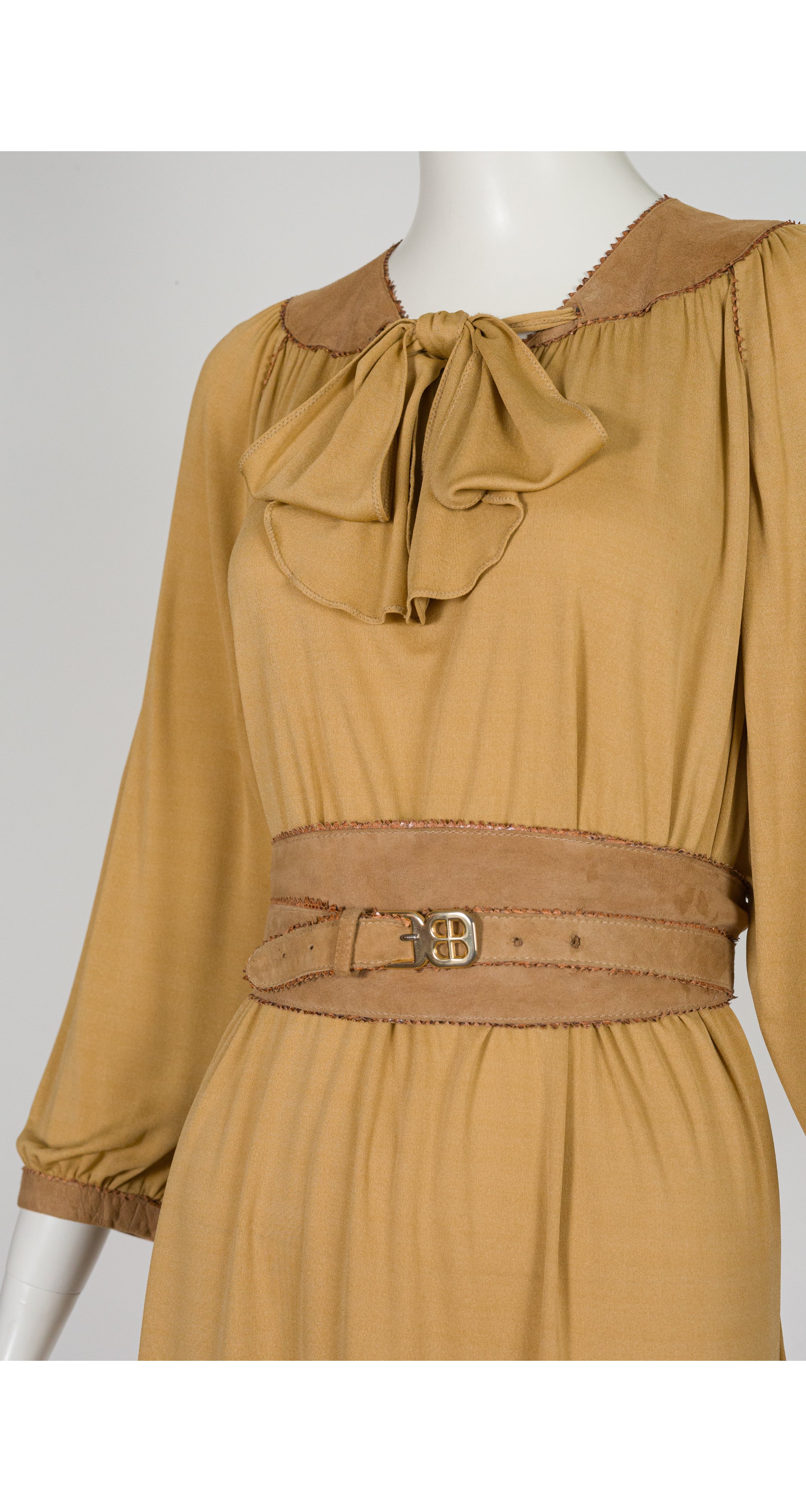 1970s Tan Suede & Python Trim Jersey Dress
