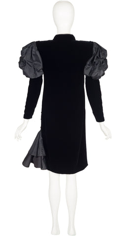 1980s Black Silk Velvet Juliet Sleeve Evening Dress