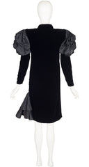 1980s Black Silk Velvet Juliet Sleeve Evening Dress