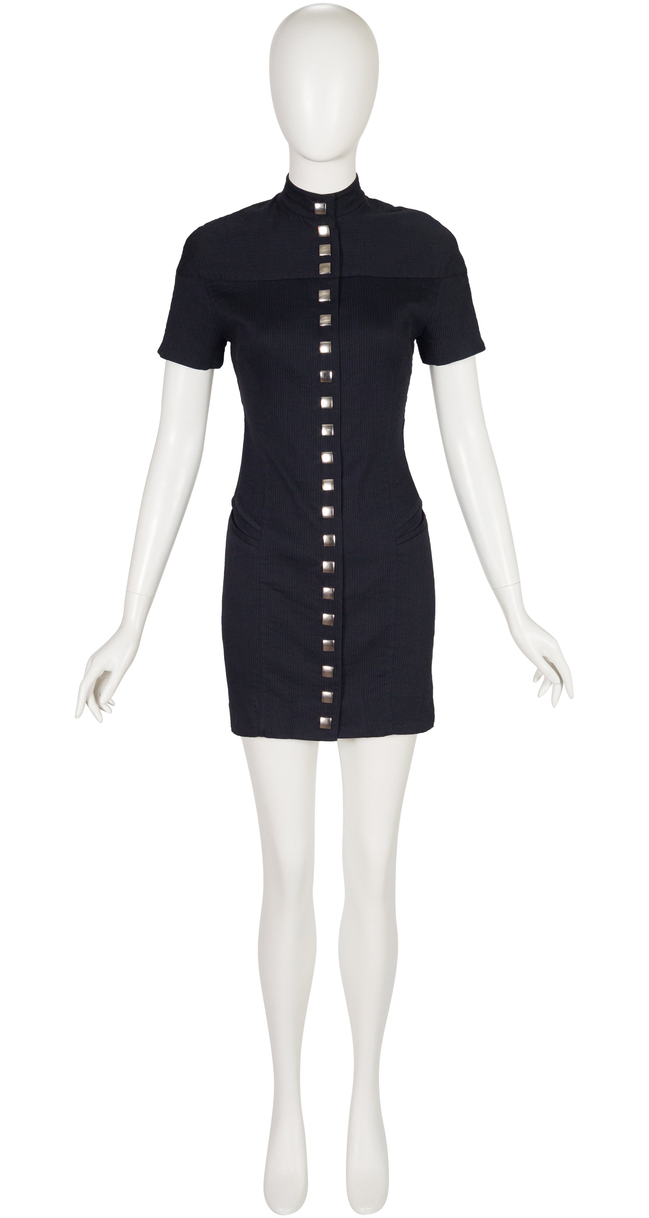 1990s Futuristic Black Ribbed Cotton Snap-Up Mini Dress