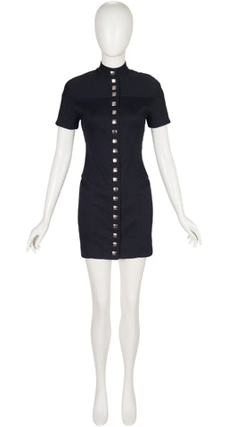 1990s Futuristic Black Ribbed Cotton Snap-Up Mini Dress