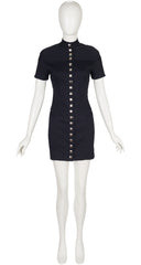 1990s Futuristic Black Ribbed Cotton Snap-Up Mini Dress