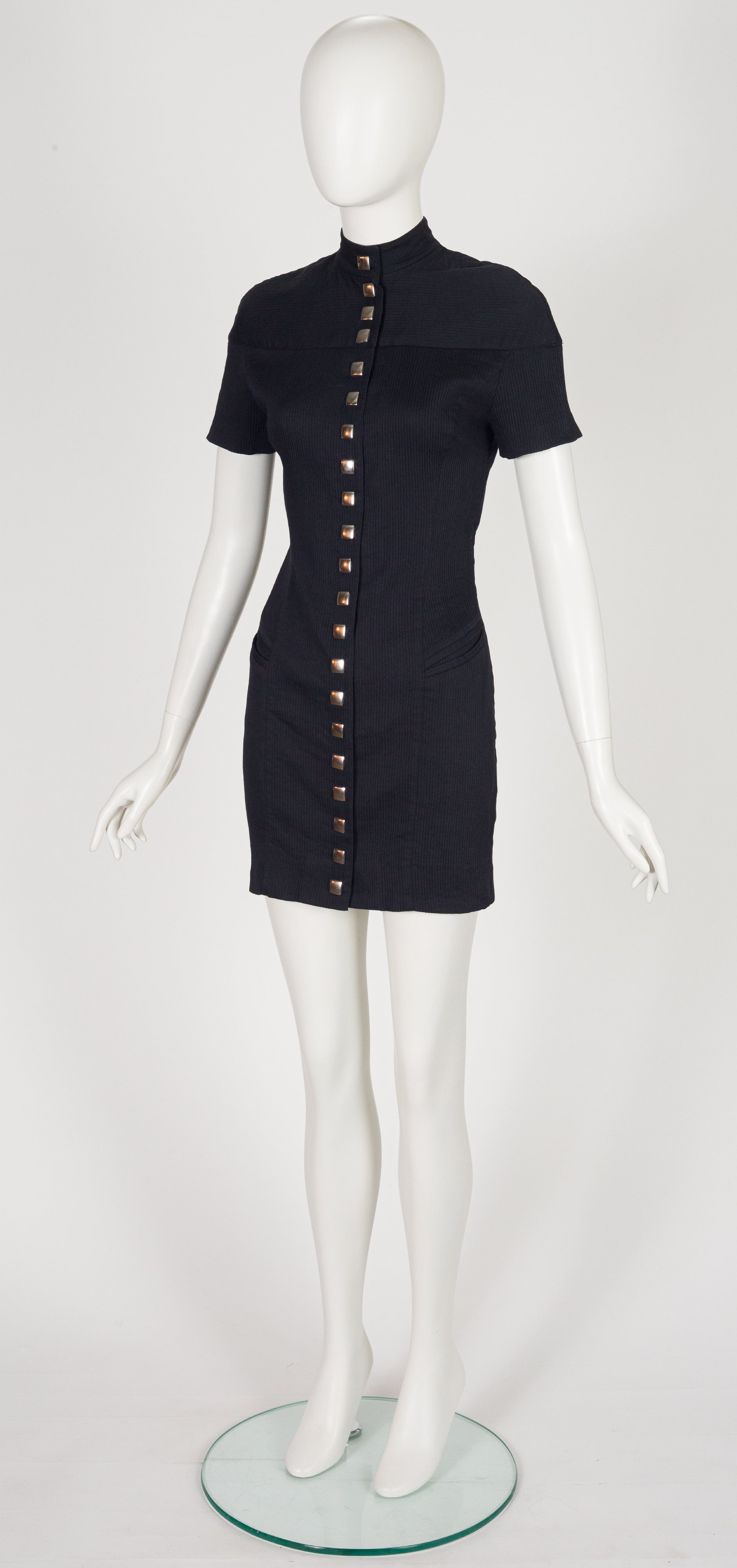 1990s Futuristic Black Ribbed Cotton Snap-Up Mini Dress
