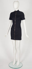 1990s Futuristic Black Ribbed Cotton Snap-Up Mini Dress