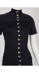 1990s Futuristic Black Ribbed Cotton Snap-Up Mini Dress