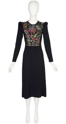 1980s Floral Embellished Black Knit Evening Dress