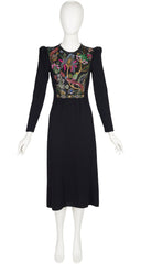 1980s Floral Embellished Black Knit Evening Dress