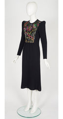 1980s Floral Embellished Black Knit Evening Dress