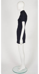 1990s Futuristic Black Ribbed Cotton Snap-Up Mini Dress