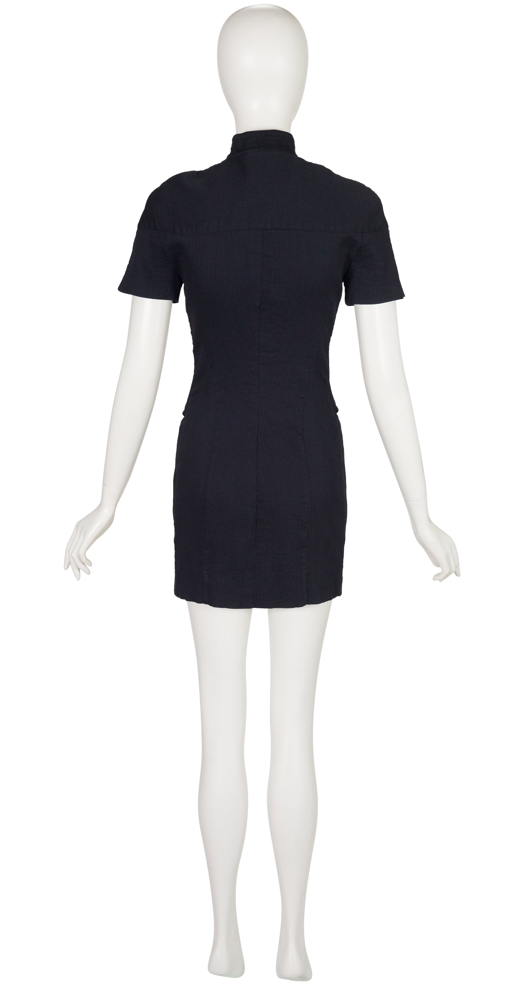 1990s Futuristic Black Ribbed Cotton Snap-Up Mini Dress
