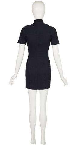 1990s Futuristic Black Ribbed Cotton Snap-Up Mini Dress