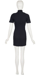 1990s Futuristic Black Ribbed Cotton Snap-Up Mini Dress