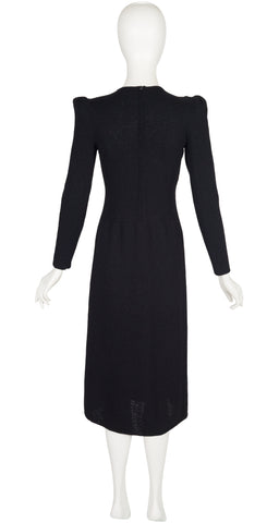 1980s Floral Embellished Black Knit Evening Dress