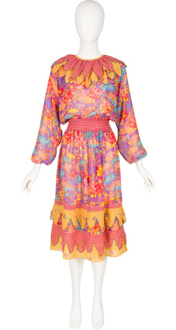 1980s Mixed Print Georgette Petal Trim Dress