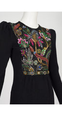 1980s Floral Embellished Black Knit Evening Dress