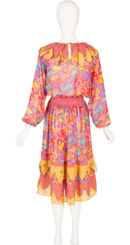 1980s Mixed Print Georgette Petal Trim Dress