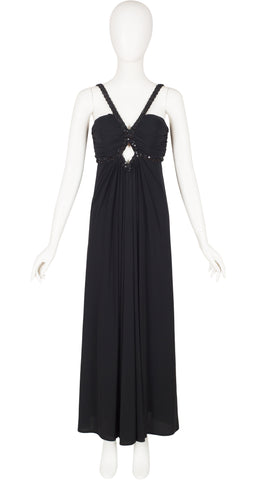 1980s Sequin Cut-Out Black Jersey Evening Gown
