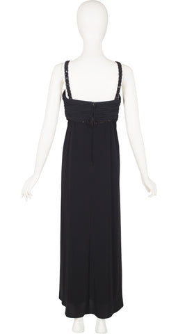 1980s Sequin Cut-Out Black Jersey Evening Gown