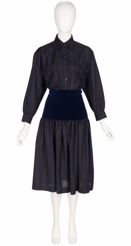 1983 F/W Striped Wool Challis & Navy Velvet Skirt Set