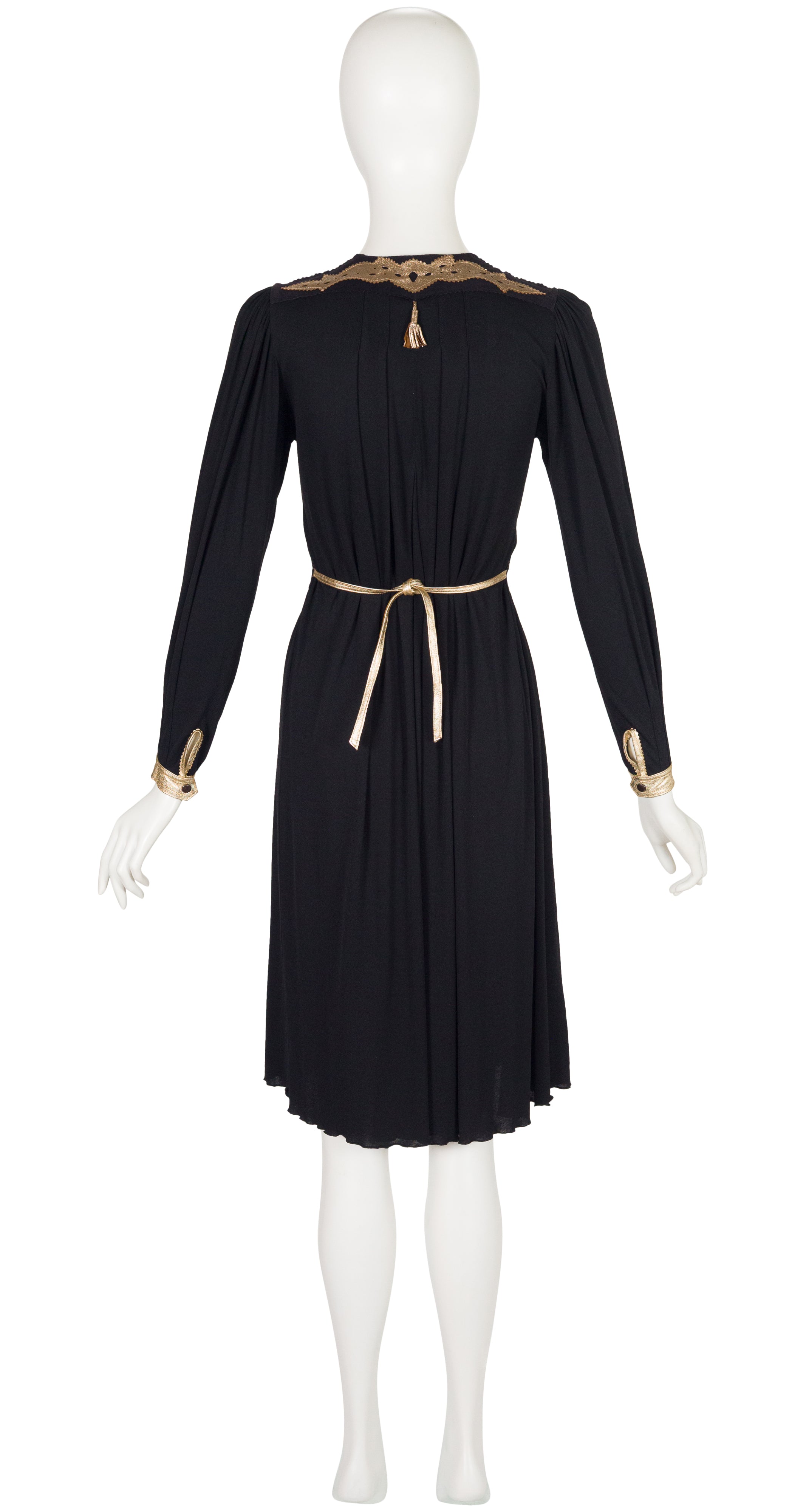 1970s Metallic Leather Trim Black Rayon Jersey Dress