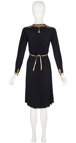 1970s Metallic Leather Trim Black Rayon Jersey Dress