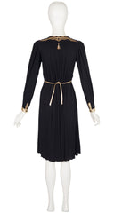 1970s Metallic Leather Trim Black Rayon Jersey Dress