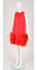 1960s Coral Silk Chiffon Ostrich Feather Trim Party Dress