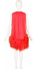 1960s Coral Silk Chiffon Ostrich Feather Trim Party Dress