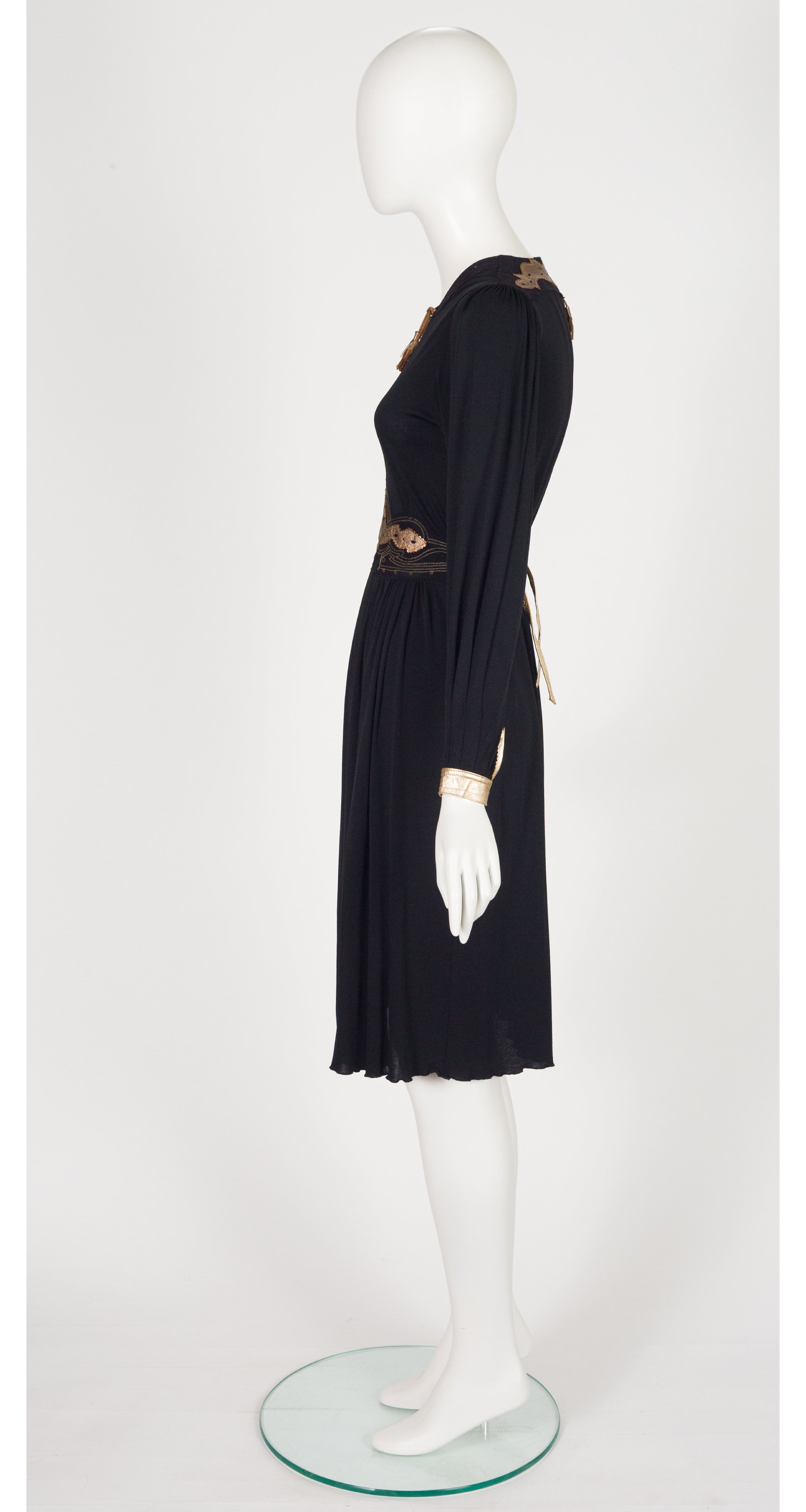 1970s Metallic Leather Trim Black Rayon Jersey Dress