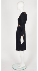 1970s Metallic Leather Trim Black Rayon Jersey Dress