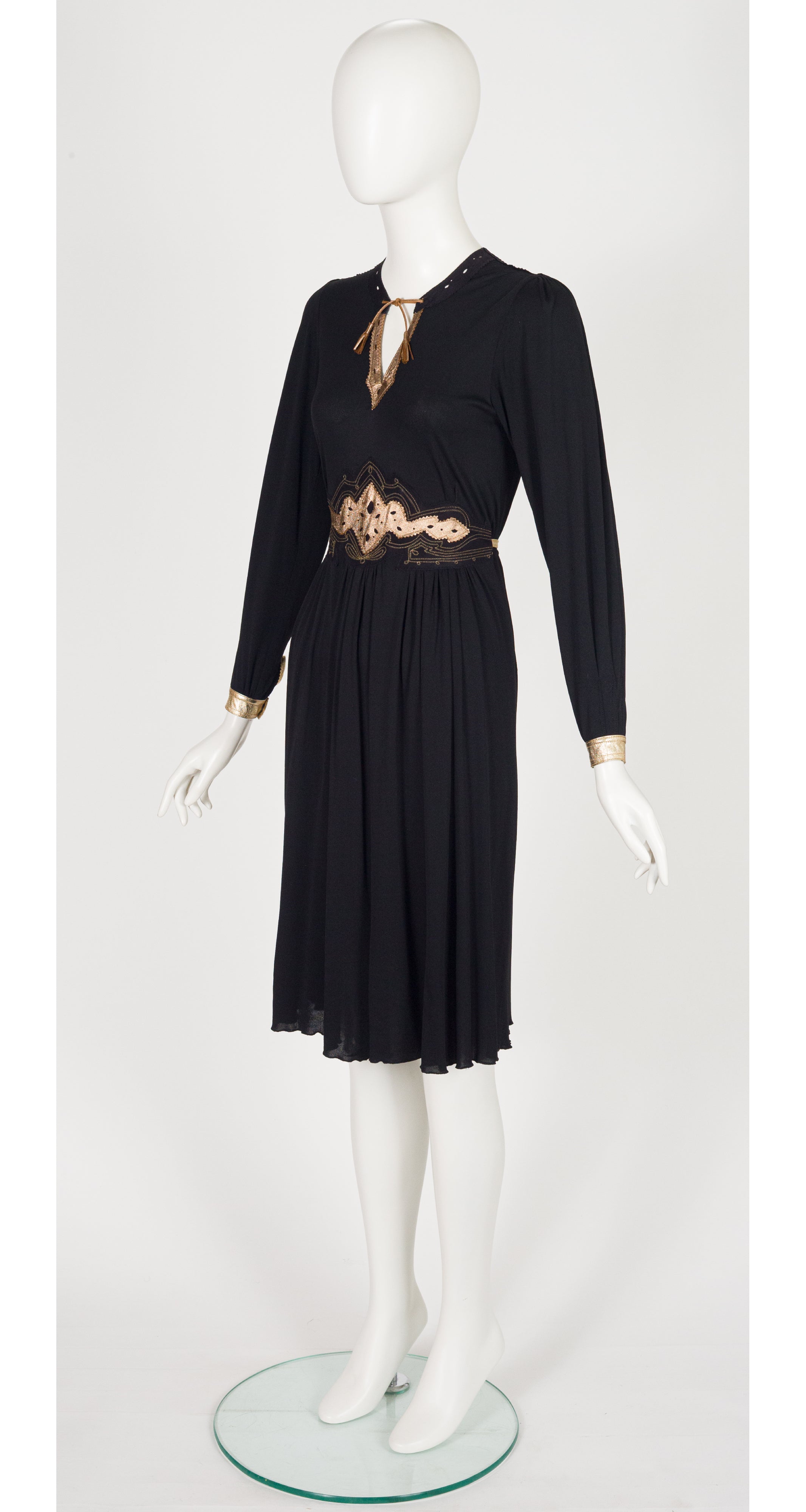 1970s Metallic Leather Trim Black Rayon Jersey Dress