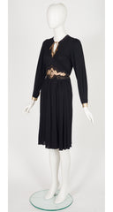 1970s Metallic Leather Trim Black Rayon Jersey Dress
