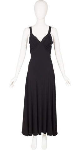 1940s Black Rayon Crepe Bias Cut Evening Gown