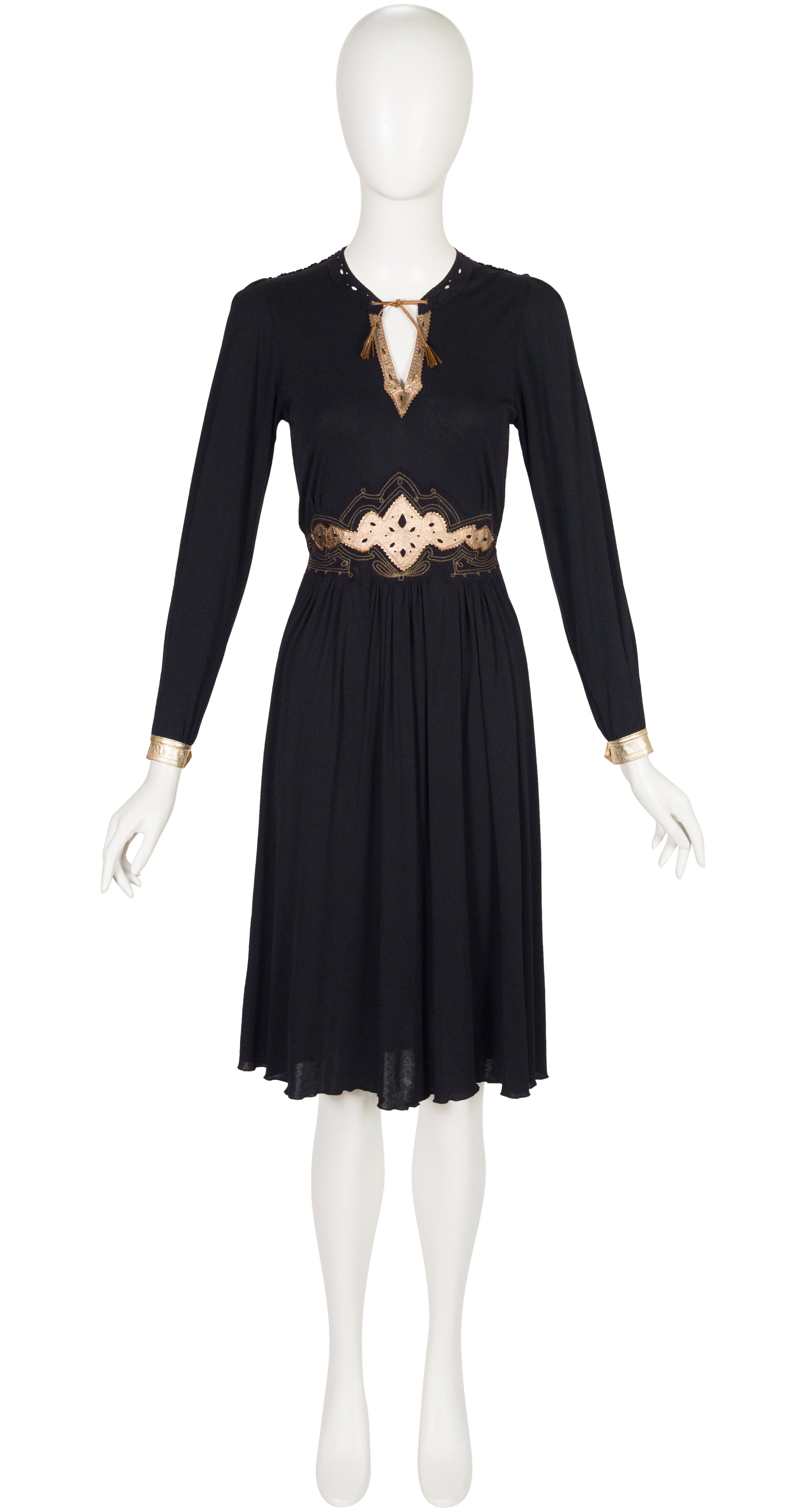 1970s Metallic Leather Trim Black Rayon Jersey Dress