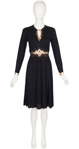 1970s Metallic Leather Trim Black Rayon Jersey Dress