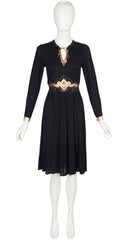 1970s Metallic Leather Trim Black Rayon Jersey Dress